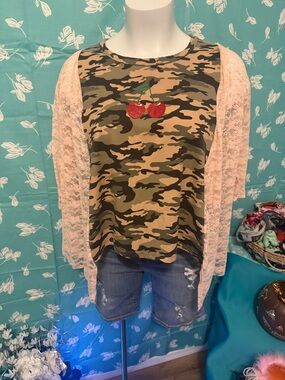 Camo Cherry Graphic Tee with Pink Lace Kimono